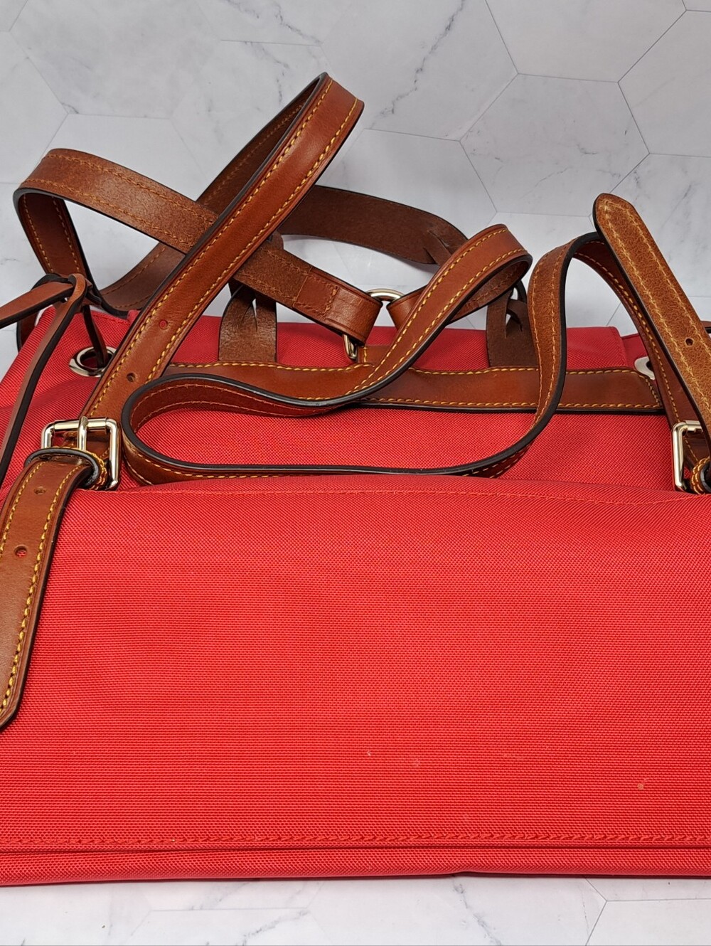 Dooney & Bourke Red Nylon and Tan Leather Flap Backpack Bag - Picture 5 of 9